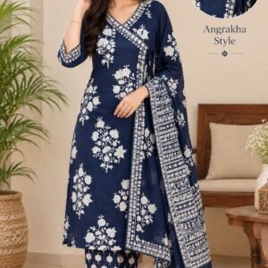Navy Blue Floral Angrakha Suit Set with Printed Dupatta