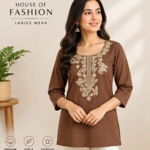 Brown Floral Embroidered Short Kurta for Women