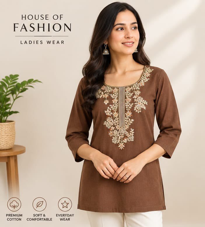 Brown Floral Embroidered Short Kurta for Women