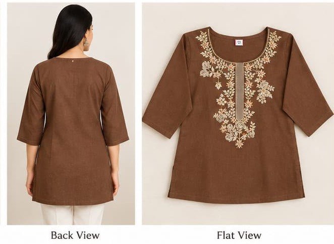 Brown Floral Embroidered Short Kurta for Women - Image 2
