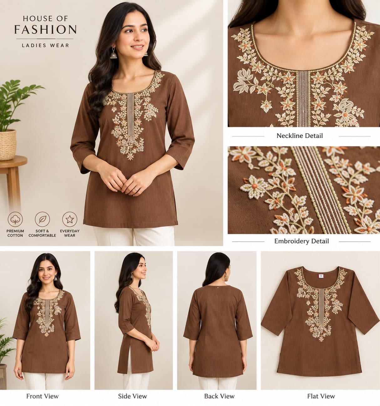 Brown Floral Embroidered Short Kurta for Women - Image 3